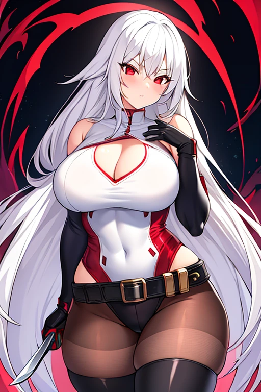 1girl, white hair, long hair, red eyes, serious, glowing eyes, large breasts, thick thighs, mature female, athletic  female, toned, leotard, black leotard, thighhighs, belt, knife, knifes, pantyhose, ((belt)), black pantyhose