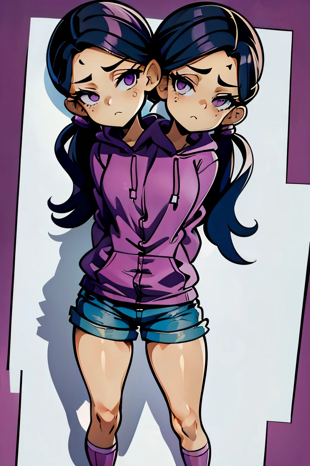 conjoined, 2heads, girl with two heads instead of one, 2head, cuerpo curvilineo, brazos curvilineos, usando shorts, ropa abrigada, piernas curvilineas, anime cartoon, using a purple hoodie, each head has a ponytail, anatomia proporcionada
