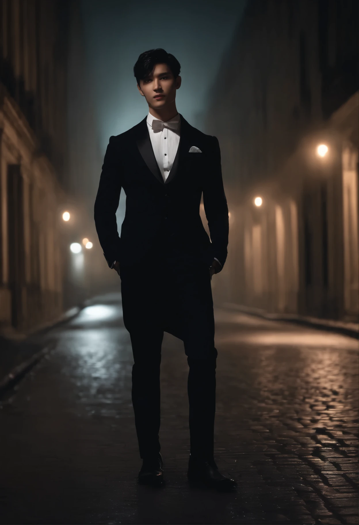 a handsome man, full body view, white shirt, short black hair, delicate face, pale skin, formal attire, ((on a deserted night street:1.4)), night, desolate, no people, 8k high quality image, masterpiece level high quality image, hotel, welcoming smile