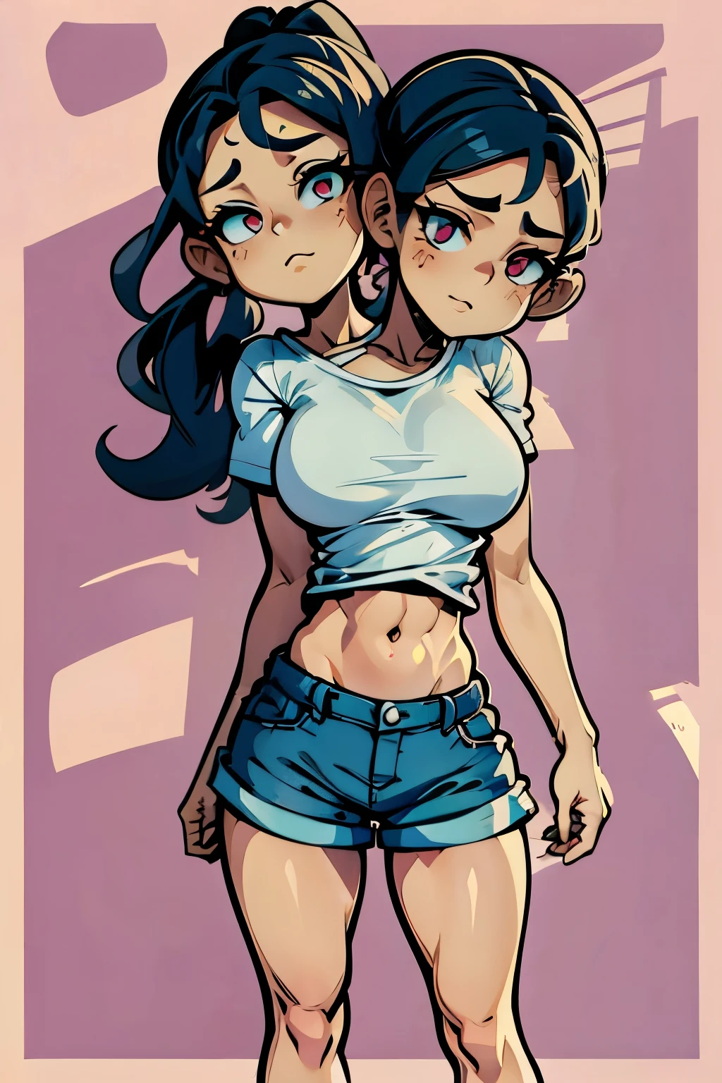 conjoined, 2heads, girl with two heads instead of one, 2head, cuerpo curvilineo, brazos curvilineos, usando shorts, ropa abrigada, piernas curvilineas, anime cartoon, each head has a ponytail, pechos grandes