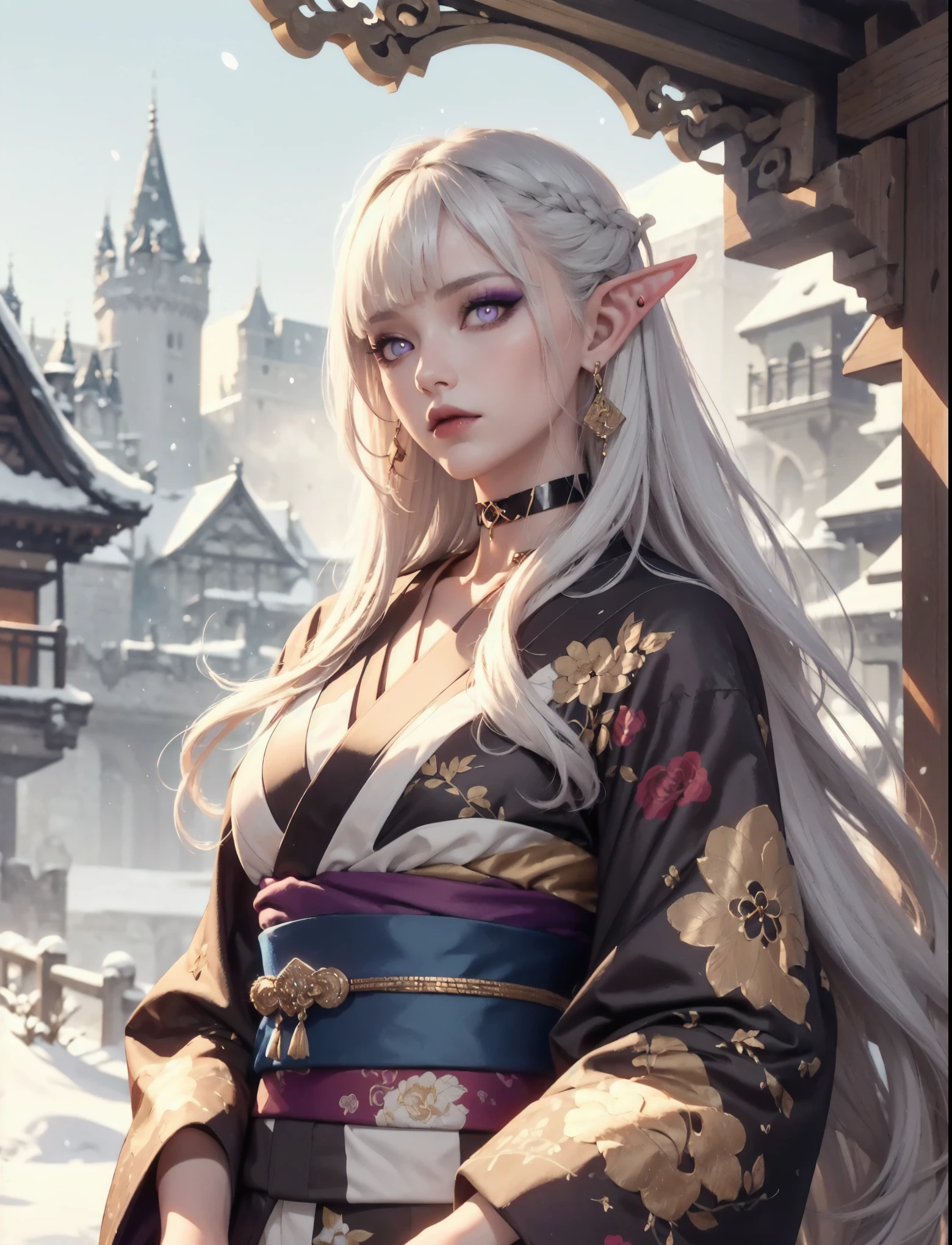 1 mature woman aged 25, perfect anatomy, beautiful body, pale and milky skin, (medium breasts), elf, elven woman, incomparable elven beauty, ((long and pointed ears)), (((long white hair with bangs))), perfect and clean face, serious and imposing expression, Closed mouth, dark lipstick, perfect eyes, visible pupils, (purple eyes), ((glowing eyes)), ((clear and perfect gothic makeup)), ((winter kimono, sky blue color, golden dragon kimono)), ((beautiful black choker adorned with gold and ruby)), The character in the castle office, medieval castle, winter landscape, misty atmosphere, masterpiece, accurate, anatomically correct, super detail, high details, high quality, best quality, highres, 4K