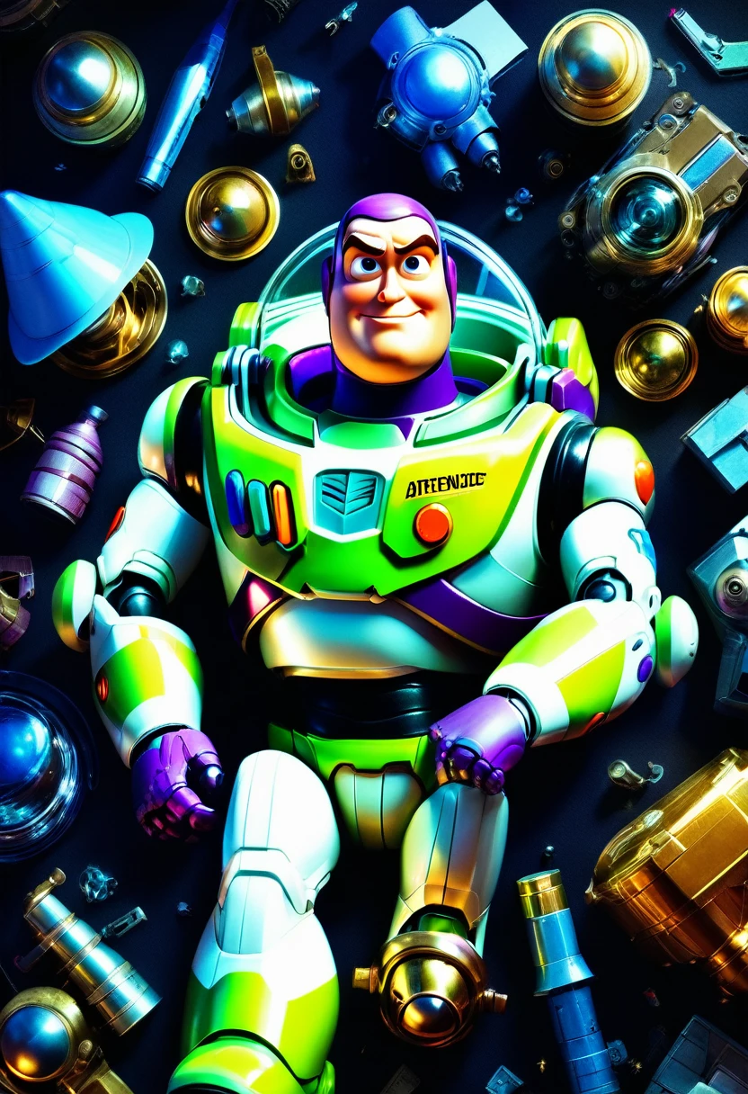 Buzz Lightyear, Buzz Lightyear broken in multiple pieces lies on the floor,view from above,shocked face expression,masterpiece, head and shoulders portrait, 8k resolution concept art portrait by Greg Rutkowski, Artgerm, WLOP, Alphonse Mucha dynamic lighting hyperdetailed intricately detailed Splash art trending on Artstation triadic colors Unreal Engine 5 volumetric lighting