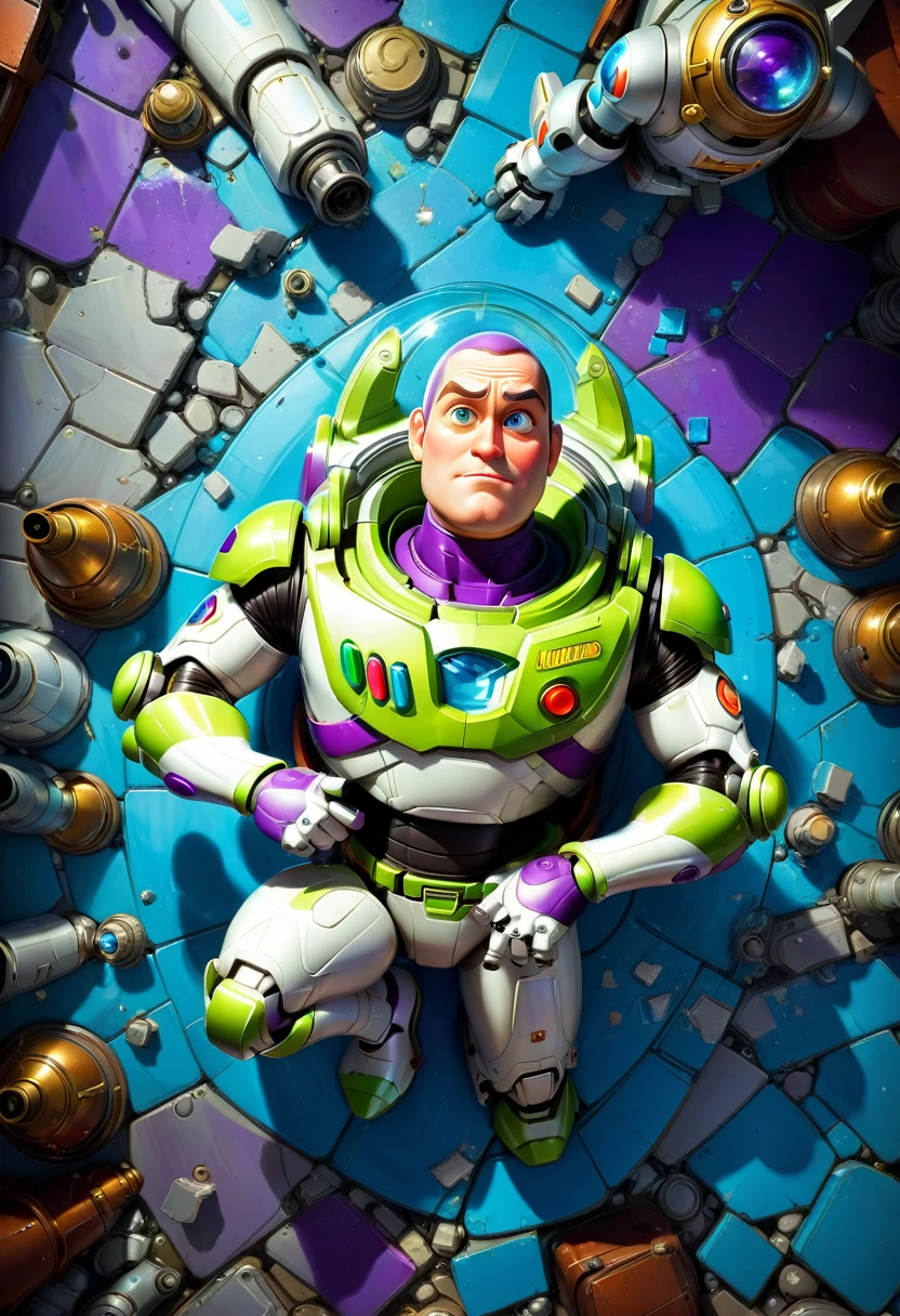 Buzz Lightyear, Buzz Lightyear broken in multiple pieces lies on the floor,view from above,shocked face expression,masterpiece, head and shoulders portrait, 8k resolution concept art portrait by Greg Rutkowski, Artgerm, WLOP, Alphonse Mucha dynamic lighting hyperdetailed intricately detailed Splash art trending on Artstation triadic colors Unreal Engine 5 volumetric lighting