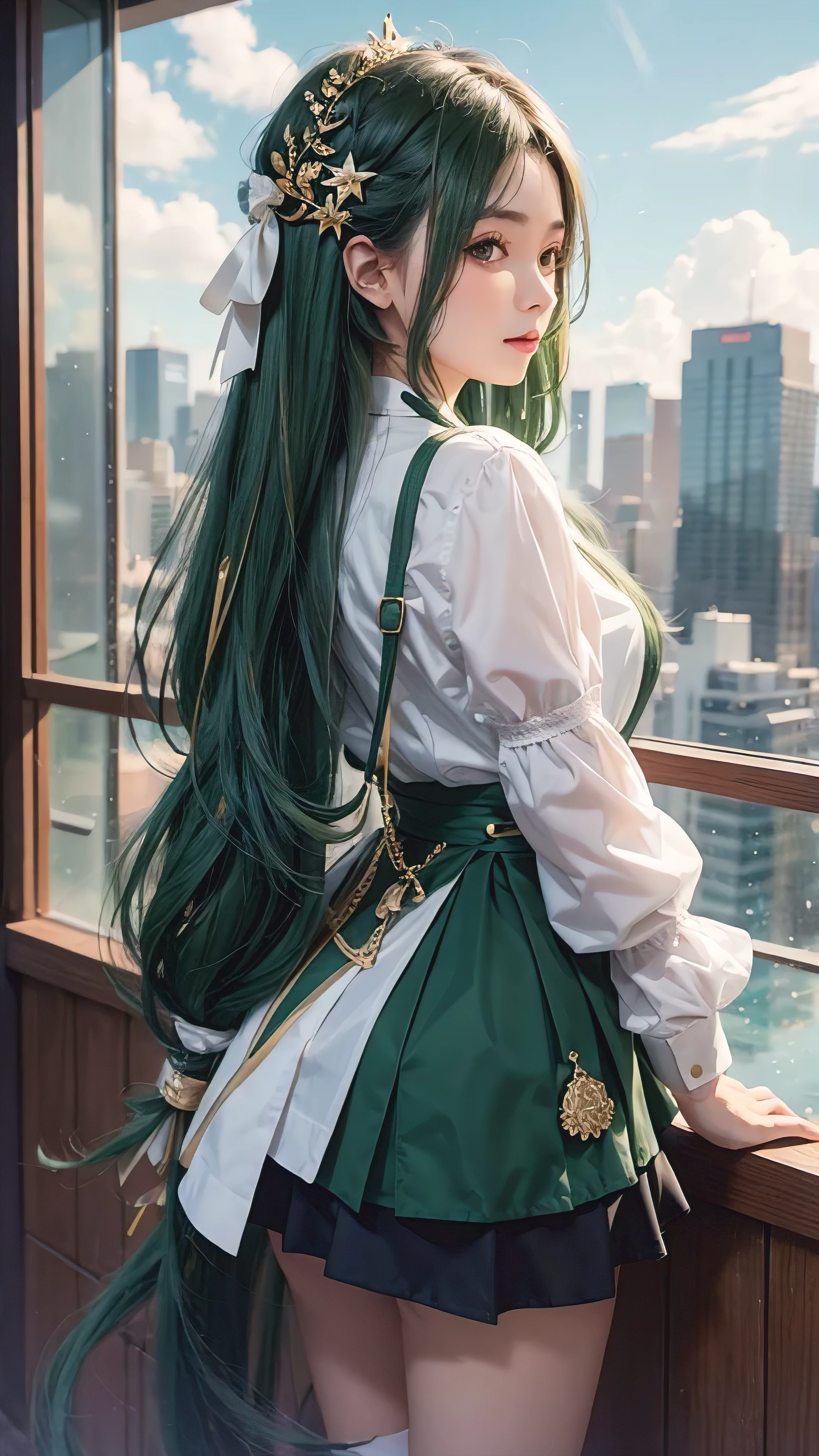 1 girl、Buckshot、Are standing、Blunt Bangs、Long Hair、Twin tails、Green Hair、dress、Frills、indoor、Book棚、Book、scroll、Blurred Background、Book棚のBookを取っている、Stretching back、Angle from below、