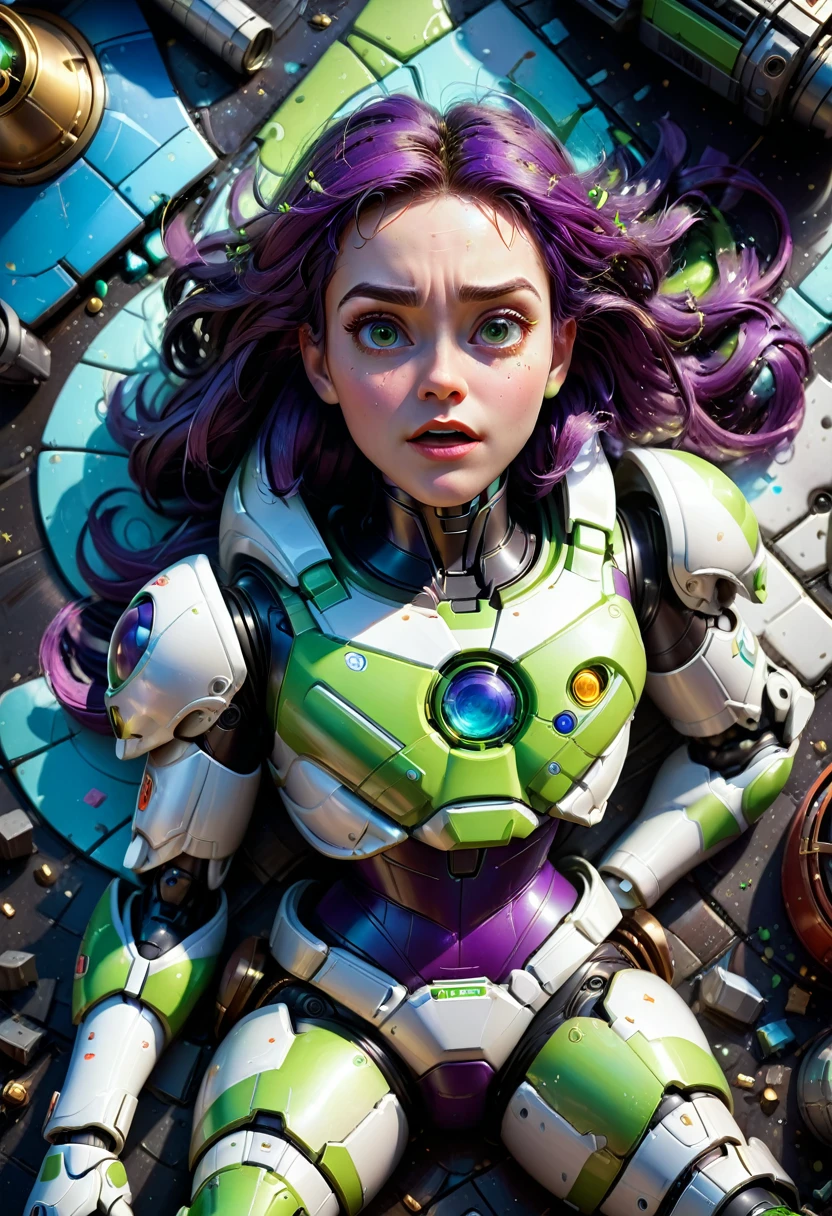 Buzz Lightyear, Buzz Lightyear broken in multiple pieces lies on the floor,view from above,shocked face expression,masterpiece, head and shoulders portrait, 8k resolution concept art portrait by Greg Rutkowski, Artgerm, WLOP, Alphonse Mucha dynamic lighting hyperdetailed intricately detailed Splash art trending on Artstation triadic colors Unreal Engine 5 volumetric lighting