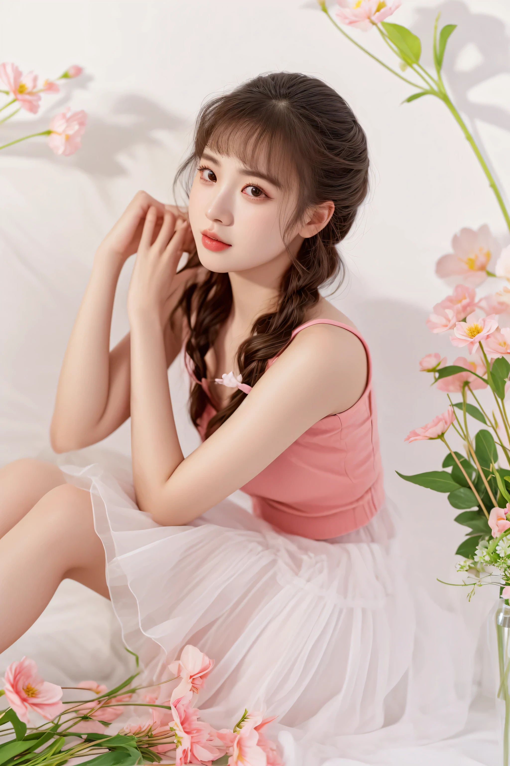 there is a woman sitting on a bed with flowers in the background, cute and lovely, with flowers, captured on canon eos r 6, a cute young woman, lovely and cute, dang my linh, sha xi, gorgeous young korean woman, cute elegant pose, shot on canon eos r 5, shot on canon eos r5, young and cute girl