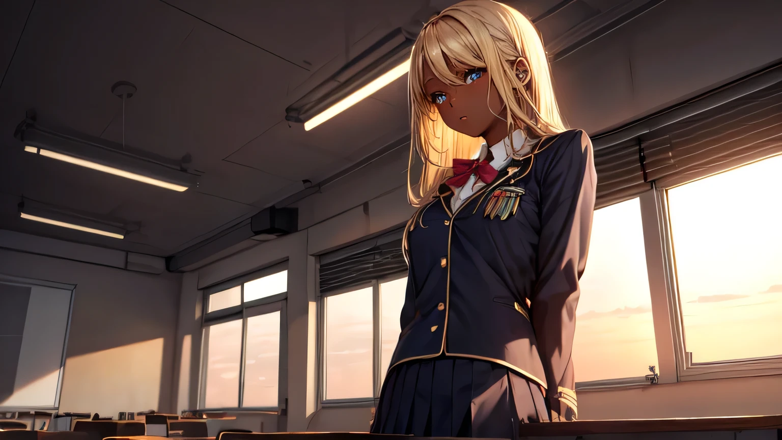(masterpiece:1.2, highest quality), 1 Female, alone, , classroom, uniform,Sunset,blonde, Open Collaboration, Dark Skin, (Open chest:1.1),
