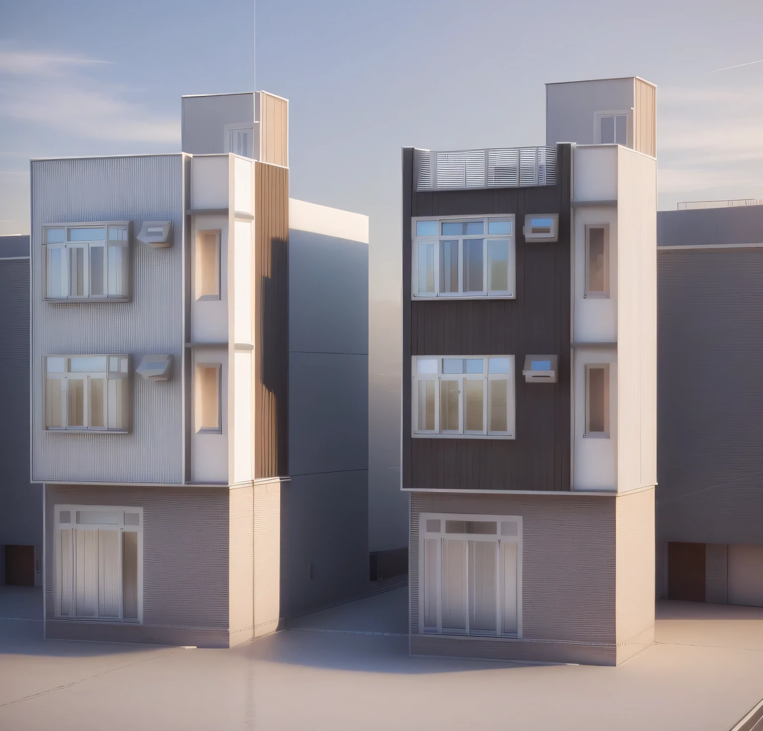 a close-up of two buildings with windows and a row of windows, croquis - vers le haut, vue en élévation, élévation avant et latérale, front vue en élévation, full front views, middle view, vue de face, vue de face, avec rendu 3D, avec rendu 3D, building facing, rendu, orthographic Rendu 3D, Rendu 3D, rendu 3D