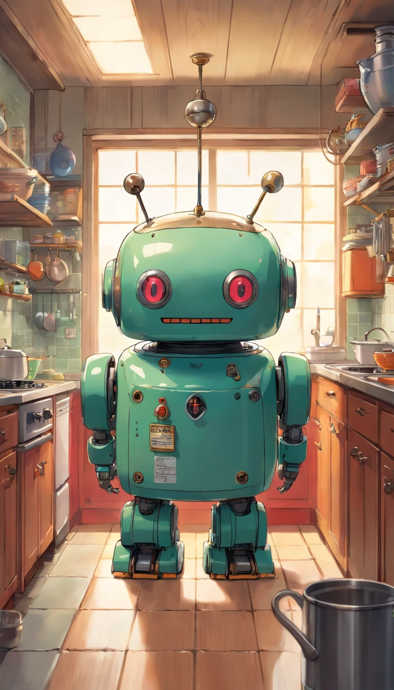 (masterpiece, highest quality, Very detailed, 8k wallpaper, Realistic), Concept Art, Anthropomorphic tin robot toy, a monstrous device, Whimsical, Threat in the kitchen, Manga style, Vibrant