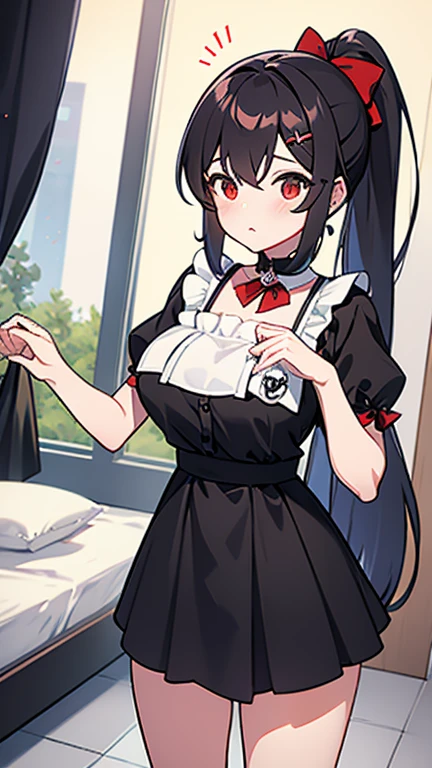 adulto, Cabello negro ondulado, mirada penetrante con ojos profundos de color rojo, estatura promedio, Silky hair with a ponytail hairstyle collected with a red bow with two white lines, tiene pechos grandes, primer plano, session, standing in the middle of his room [[[[Maid]]] , Sonrojada, muslos grandes, maid