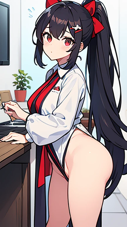 adulto, Cabello negro ondulado, mirada penetrante con ojos profundos de color rojo, estatura promedio, Silky hair with a ponytail hairstyle collected with a red bow with two white lines, tiene pechos grandes, primer plano, session, standing in the middle of his room [[[[Maid]]] , Sonrojada, muslos grandes, maid