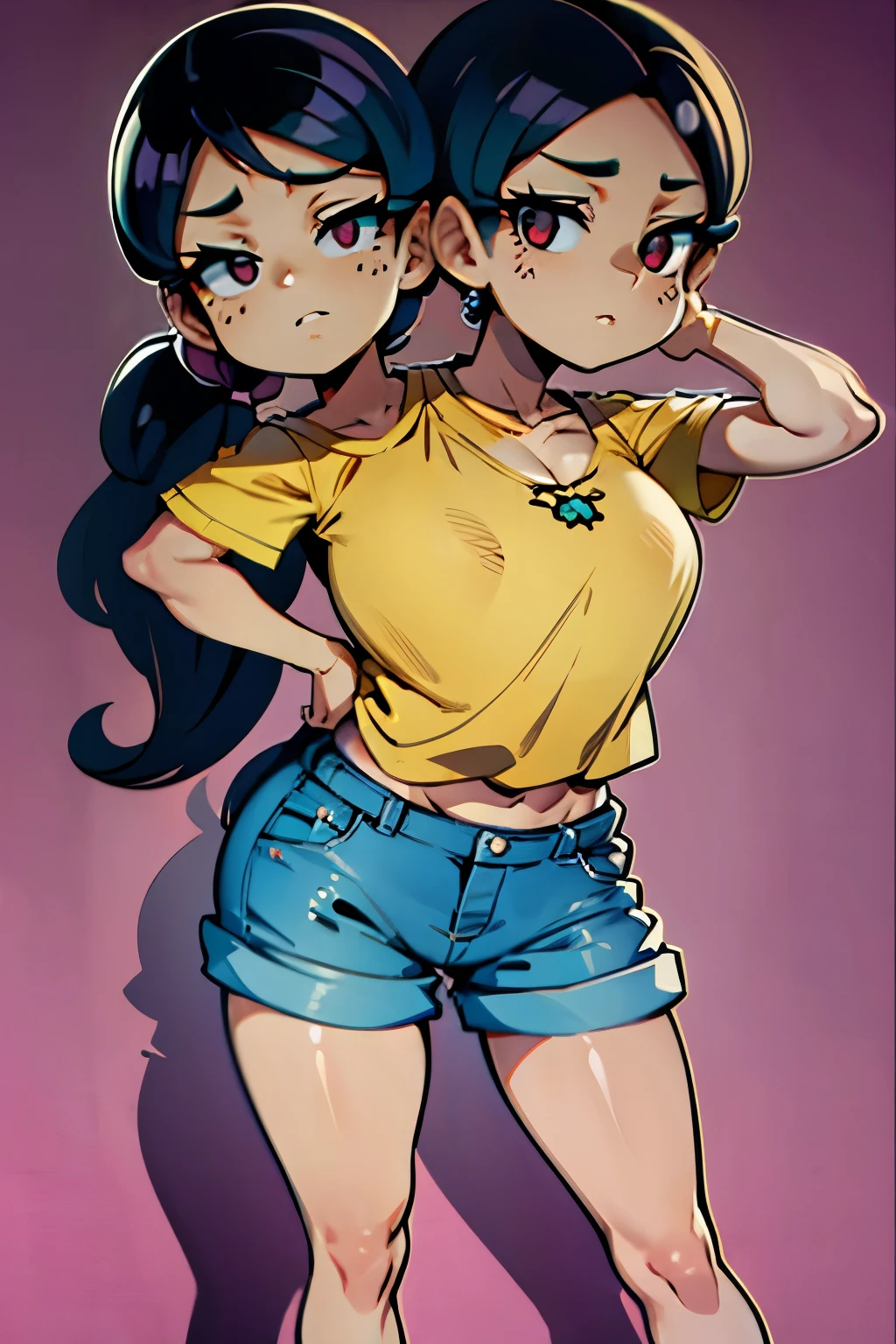 conjoined, 2heads, girl with two heads instead of one, 2head, cuerpo curvilineo, brazos curvilineos, usando shorts, ropa abrigada, piernas curvilineas, anime cartoon, each head has a ponytail, pechos grandes
