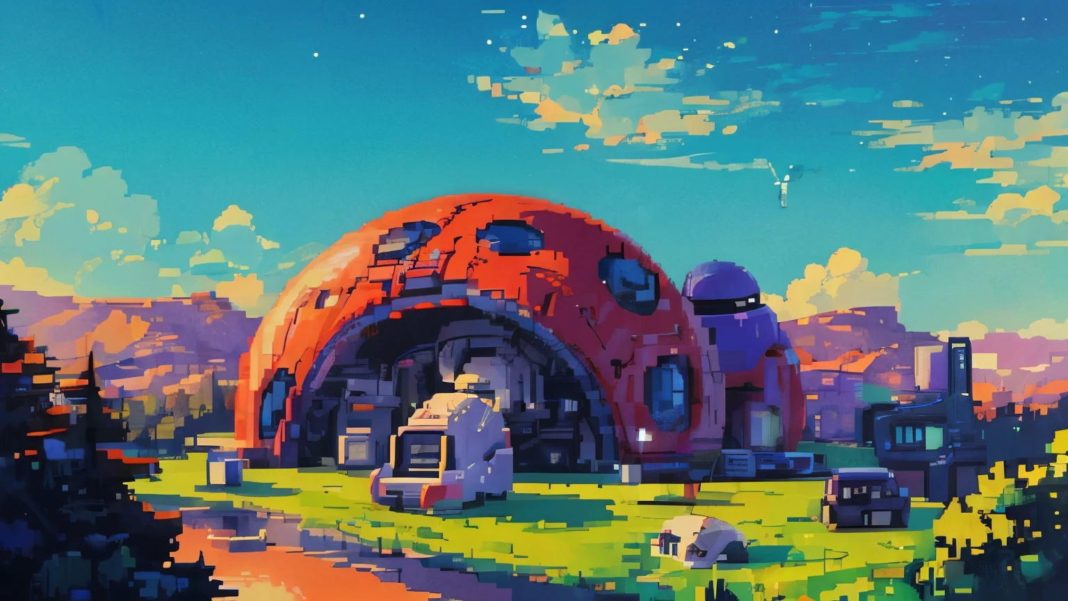 Create a realistic 8-bit style image with vibrant colors, inspired by a science fiction theme. The scene should capture a futuristic essence with advanced technological elements, spaceships, robots, or alien landscapes, all presented with the detail and clarity reminiscent of classic 8-bit graphics.