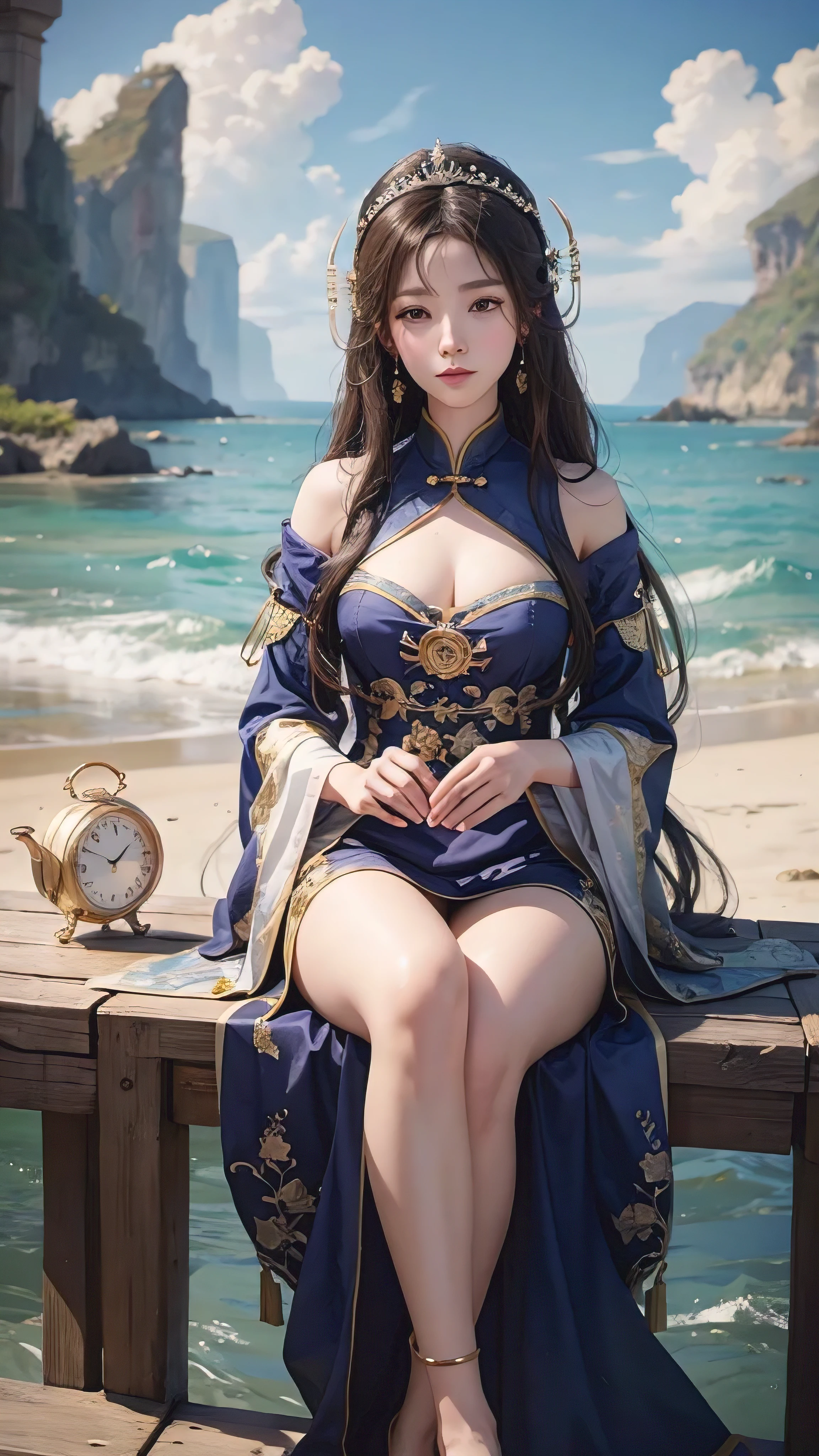 A woman sitting on the beach,Holding a clock in hand, Queen of the Sea Mu Yanling, Beautiful digital artwork, 4k highly detailed digital art, beautiful fantasy queen, 8k high quality detailed art, Fantasy Beauty, author:Yang Jie, Beautiful and gorgeous digital art, guweiz, Artwork in the style of Guweiz, Beautiful fantasy art, Chinese Fantasy