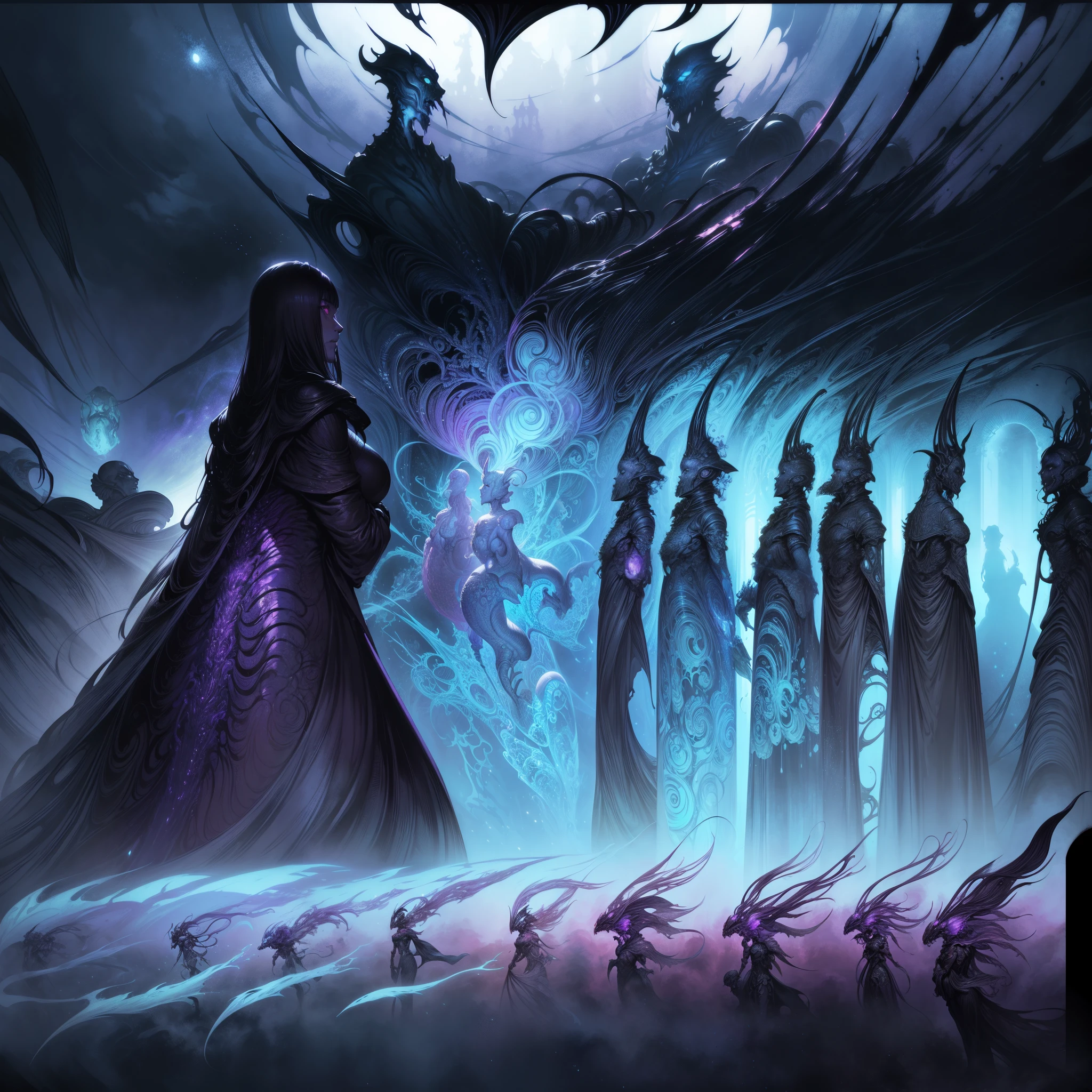 A warlock's patron, an undead king, with glowing blue eyes, in a dark forest, surrounded by a cold, cold color palette, a skeleton army in the background, wearing a bloodstained dress with a blood aura, The flesh is rotting, Skeleton tall 2 meter