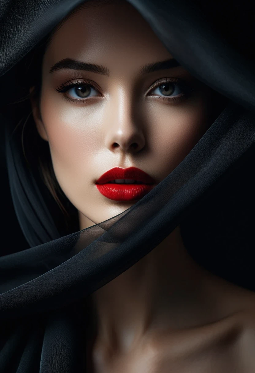 .In this masterpiece of photography, captured by a Fujifilm camera, a minimalist black background serves as the canvas for an exquisite portrait. The woman's face emerges, partially obscured by flowing fabric, creating an enigmatic and mysterious atmosphere. Sharp red lipstick accentuates her lips, adding a striking contrast against the dark tones of the composition. With ultra-realistic precision, every detail is rendered in insanely high resolution, making the image come alive in 8K HDR. The subtle gradient backdrop enhances the tranquil yet evocative aura, while the conceptual portraiture delves into the depths of perception. This stunning portrayal, enriched with a play on perception and visual metaphor, transports the viewer into a realm of surreal calm, where the beauty of minimalist abstraction meets the complexity of the human psyche., cowboy shot, epiCPhoto,