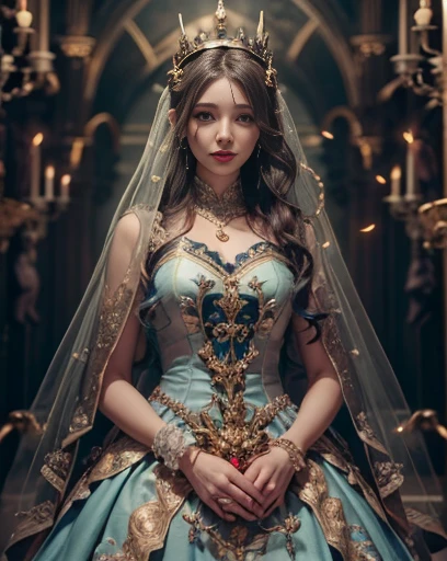 highest quality, masterpiece, Attention to detail, Intricate details, Realistic, Mysterious Halloween woman with bright expression, Spooky atmosphere、Photographic images、Crown makeup
