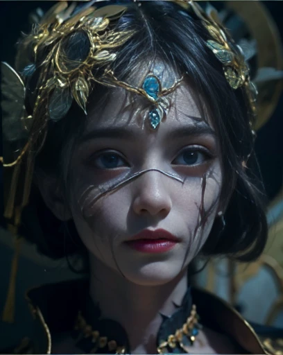 highest quality, masterpiece, Attention to detail, Intricate details, Realistic, Mysterious Halloween woman with bright expression, Spooky atmosphere、Photographic images、Crown makeup