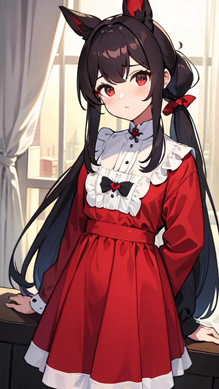 adulto, Cabello negro ondulado, mirada penetrante con ojos profundos de color rojo, estatura promedio, Silky hair with a ponytail hairstyle collected with a red bow with two white lines, tiene pechos grandes, primer plano, session, standing in the middle of his room [[[[Maid]]] , Sonrojada, muslos grandes, maid