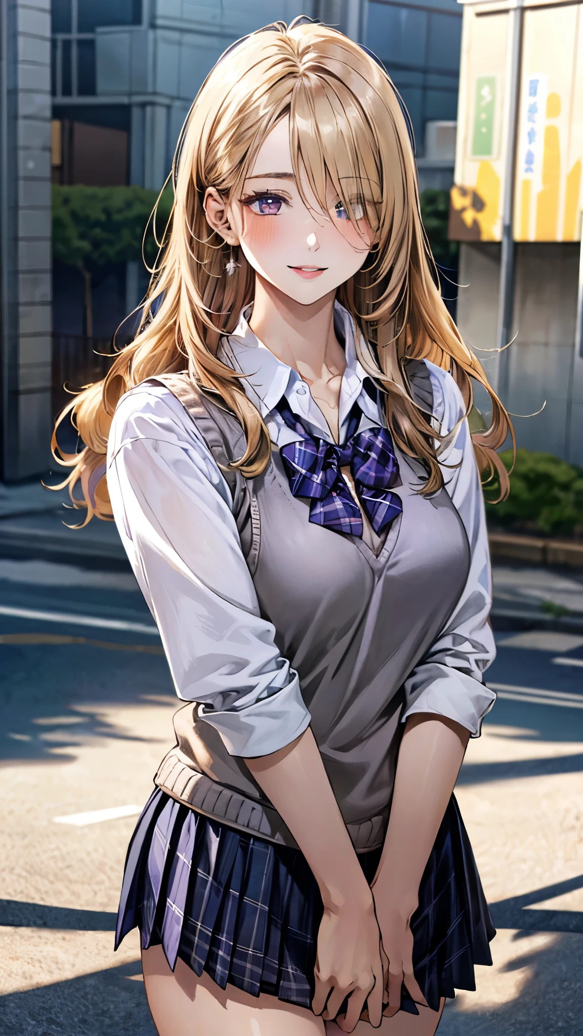 (masterpiece:1.3, top-quality, ultra high res, ultra detailed), (realistic, photorealistic:1.4), beautiful illustration, perfect lighting, natural lighting, colorful, depth of fields, ,
beautiful detailed hair, beautiful detailed face, beautiful detailed eyes, beautiful clavicle, beautiful body, beautiful chest, beautiful thigh, beautiful legs, beautiful fingers, shiny skin, babyface,
looking at viewer, (face focus), 1 girl, japanese, high school girl, (perfect anatomy, anatomically correct, super detailed skin), cute and symmetrical face, perfect face, perfect eyes,
(long hair, curvy hair, sideburns, blonde hair), hair over one eye, parted bangs, gold eyes, long eyelashes, (medium breasts, seductive thighs), slender, outstanding style, ,
(detailed cloth texture), break, ((light purple knit vest)), break, (light purple plaid bowtie), break, (white collared shirt, navy pleated skirt), break,
(beautiful scenery), summer, evening, (outside masion), (lovely smile, parted lips),