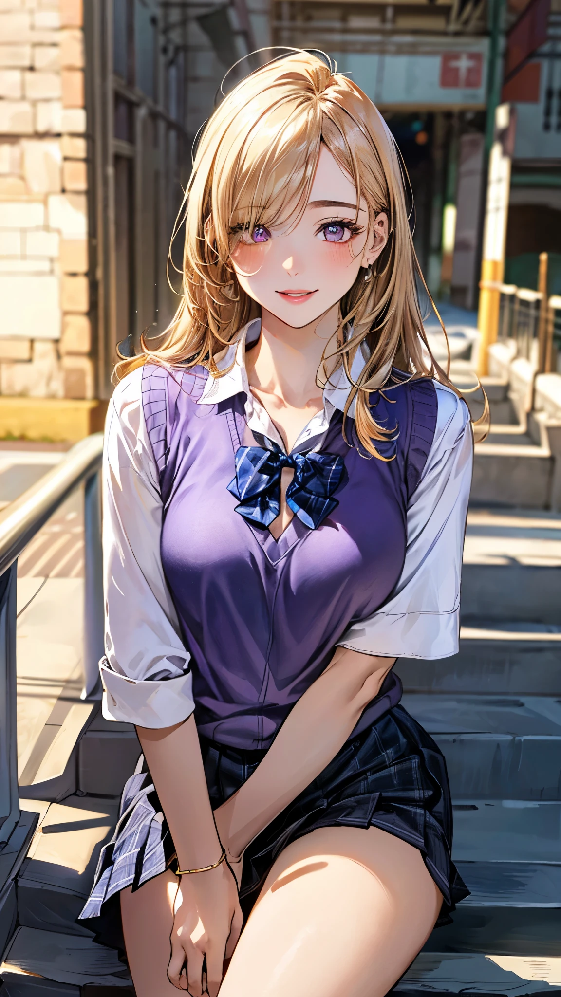 (masterpiece:1.3, top-quality, ultra high res, ultra detailed), (realistic, photorealistic:1.4), beautiful illustration, perfect lighting, natural lighting, colorful, depth of fields, ,
beautiful detailed hair, beautiful detailed face, beautiful detailed eyes, beautiful clavicle, beautiful body, beautiful chest, beautiful thigh, beautiful legs, beautiful fingers, shiny skin, babyface,
looking at viewer, (face focus), 1 girl, japanese, high school girl, (perfect anatomy, anatomically correct, super detailed skin), cute and symmetrical face, perfect face, perfect eyes,
(long hair, curvy hair, sideburns, blonde hair), hair over one eye, parted bangs, gold eyes, long eyelashes, (medium breasts, seductive thighs), slender, outstanding style, ,
(detailed cloth texture), break, ((light purple knit vest)), break, (light purple plaid bowtie), break, (white collared shirt, navy pleated skirt), break,
(beautiful scenery), summer, evening, (outside masion), (lovely smile, parted lips),