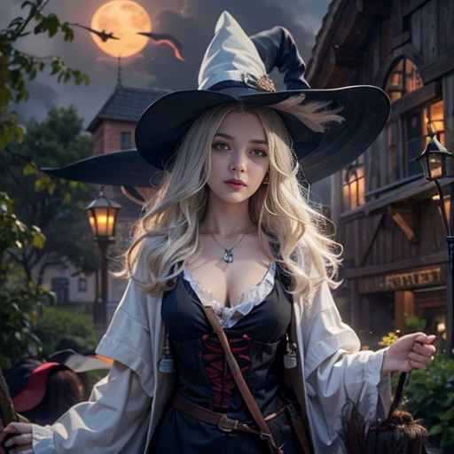 (number々Award-winning masterpiece, Incredible detail, Texture and maximum detail), (hyper Realistic:1.4), (Realistic:1.3), (Full body close-up:0.4), (Highest quality real texture skins), ((The medieval world)), Slanted Eyes, Detailed drawn eyes, Detailed face, (((witch&#39;Old black hat))), (Slim witch in white clothes), (Slim female wizard in white clothes), (Slim witch in black clothes), (Slim female wizard in black clothes), Kind eyes, ((Perfect and beautiful fingers)), ((Perfect and beautiful arms)), (She has a mischievous smile:1.4), Friendly and girlish face, (The devil dances overhead), Glass earrings in the ears, (Dramatic Photos:1.6), Shining majestic thunderclouds and sky, Halo Optical Phenomenon, Anti-light, Twilight, sunset, evening, (Dramatic Light), (Spectacular sight), (Her expression is calm, So gentle and so beautiful、Somehow scary), (Noble), (blonde, Silver Hair, Chestnut Hair), ((Full body portrait)), ((look up)), ((Looking down)), (Full body standing:1.5), (On her neck、Simple Necklace, that&#39;It&#39;s weird but well done, wear.), Altar of Purgatory, Old what&#39;Left behind overgrown with plants, The Great Temple of the Devil, Cathedral, The Great Temple of the Devil, Temple what&#39;Left behind, Detached temple, magic circle, Ancient castle what&#39;Left behind, what&#39;Left behind, 崩れかけたwhat&#39;Left behind, Ancient what&#39;Left behind with clear water, Wavelets, Flowing water,