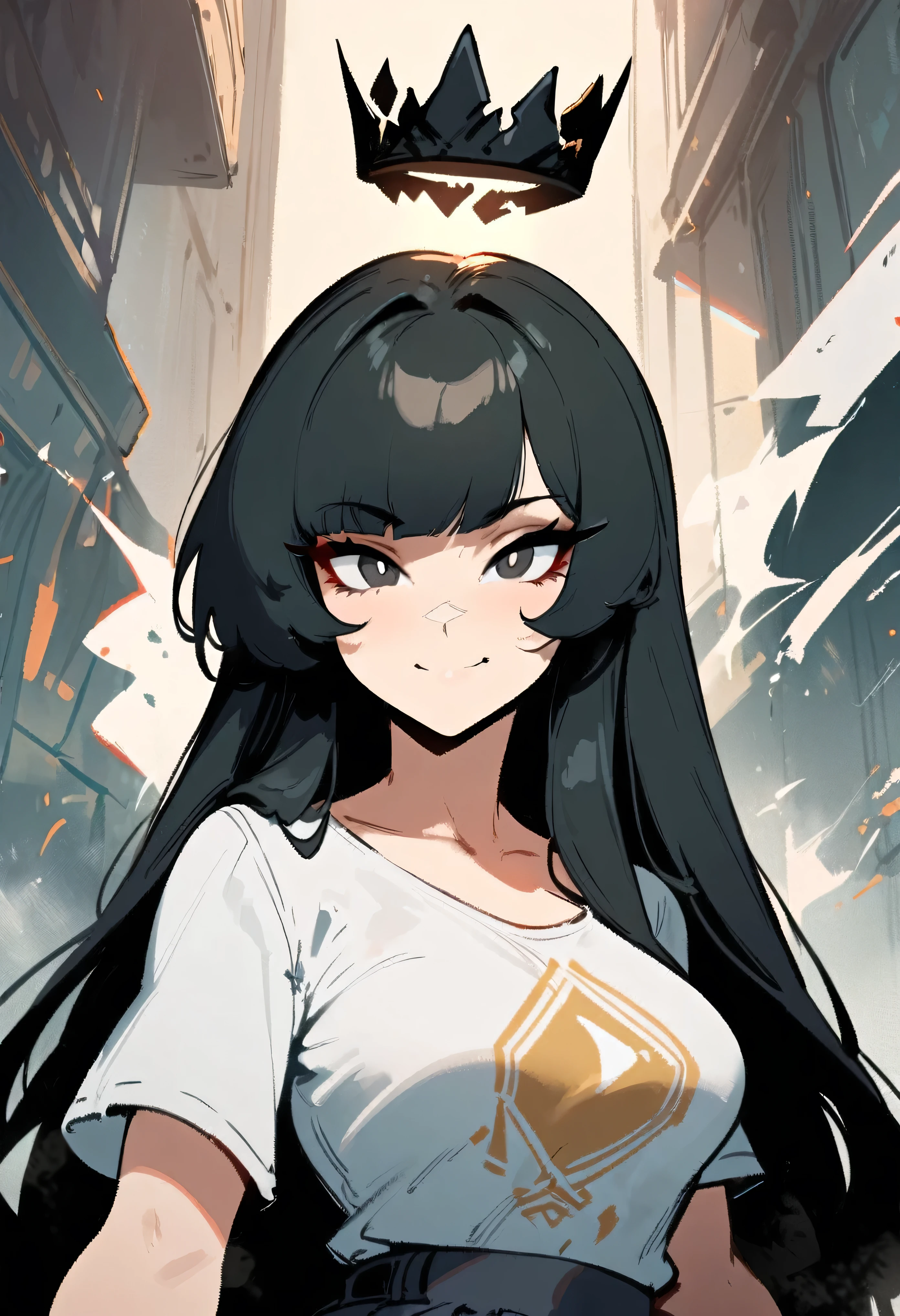1girl,virtuosa \(arknights\) \\\\\ masterpiece, best quality, newest, , ///// by nyantcha, cutesexyrobutts, by khyle \\\\\ ,,,,,,light smile,,solo,, , , ,, looking at viewer, ,,in the centre of shot, black hair, black eyes, bad girl, sadistic, arrogant, 18 years old girl,flying crown, original outfit, skirt, white t-shirt, portrait,splash art, detailed face,