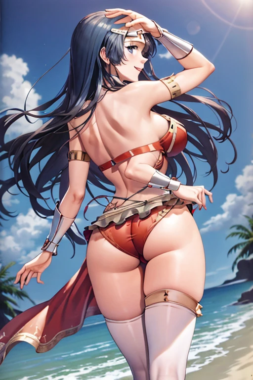 masterpiece, best quality, beautiful art, high resolution, well formed hands, body and fingers, 1 woman, solo, MataHari, tiara , long blue hair, blue eyes, adult, big breasted, cleavage, hair ribbon, full body, sexy and skimpy outfit , gorgeous legs and thighs , wearing a wonder woman outfit, dancing seductively and erotically, turning backwards and forwards, showing her back and front, showing her butt,  bikini thong, smiling joyfully, looking at the viewer, flirting, beach environment 