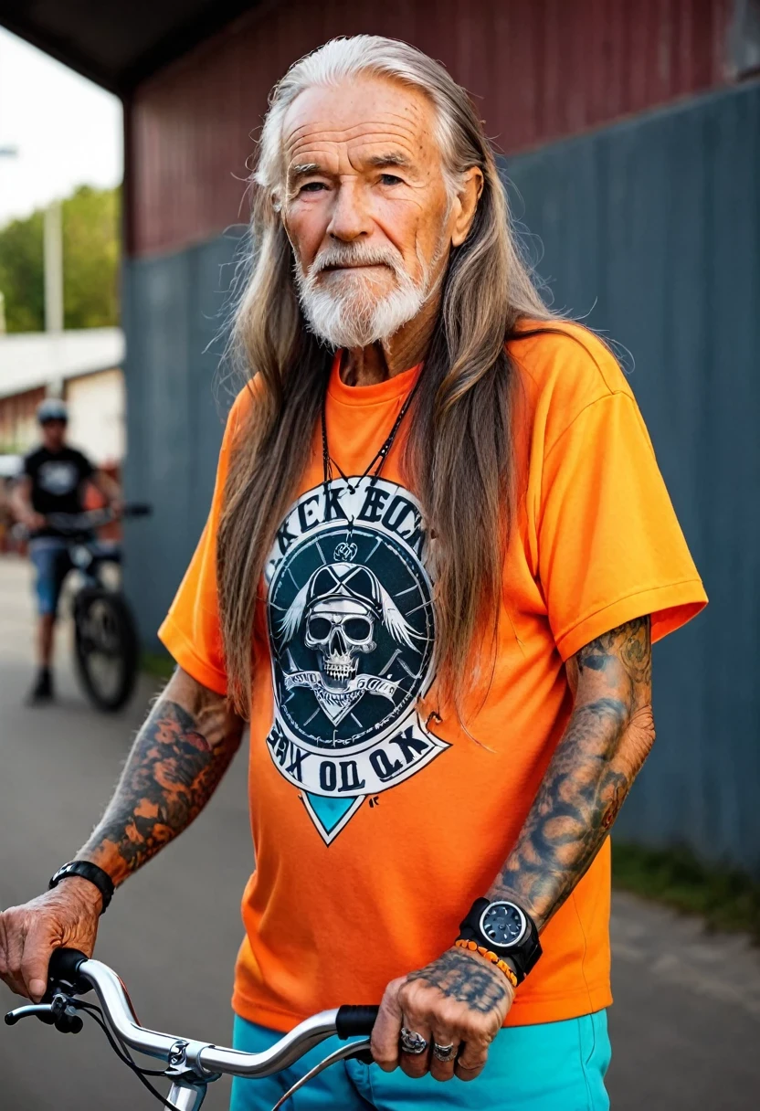 realistic, 80 year old man, long hair, bright clothes, BMX biker, tattoos