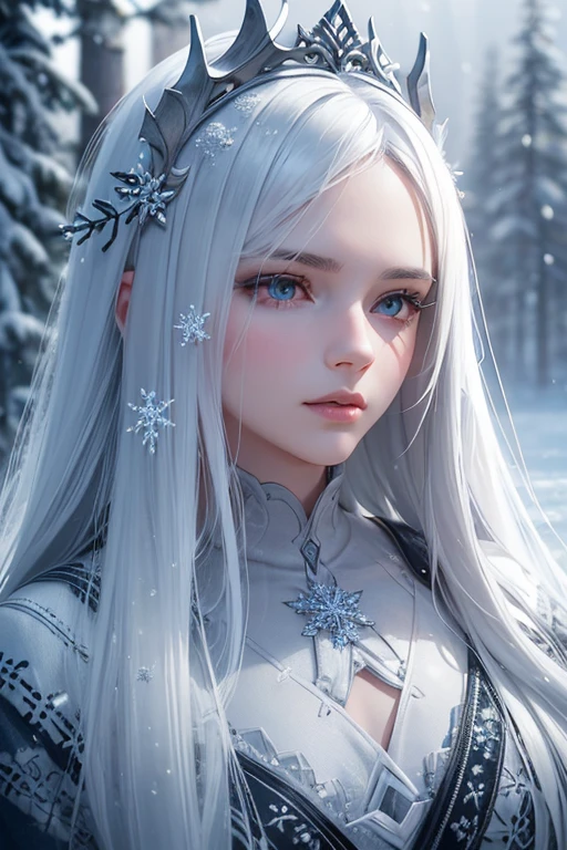 a girl with long white hair, beautiful detailed eyes, beautiful detailed lips, extremely detailed face, longeyelashes, snowflakes, snow-covered landscape, winter scenery, cold atmosphere, frozen lake, pine trees, overcast sky, (best quality,8k,highres,masterpiece:1.2),ultra-detailed,(realistic,photorealistic,photo-realistic:1.37),digital painting,cinematic lighting,dramatic lighting,moody lighting,muted color palette