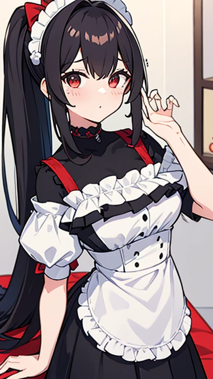 adulto, Cabello negro ondulado, mirada penetrante con ojos profundos de color rojo, estatura promedio, Silky hair with a ponytail hairstyle collected with a red bow with two white lines, tiene pechos grandes, primer plano, session, standing in the middle of his room [[[[Maid]]] , Sonrojada, muslos grandes, maid