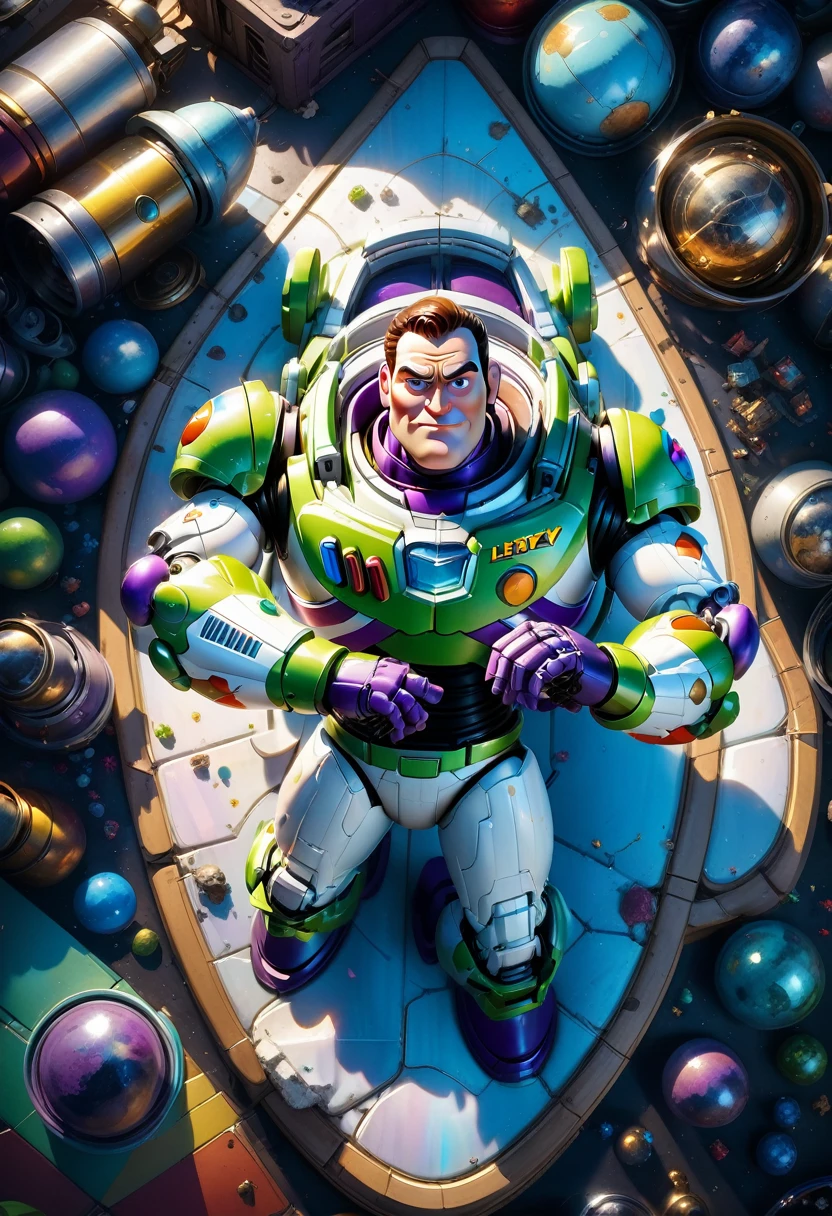 Buzz Lightyear, Buzz Lightyear broken in multiple pieces lies on the floor,view from above,shocked face expression,masterpiece, head and shoulders portrait, 8k resolution concept art portrait by Greg Rutkowski, Artgerm, WLOP, Alphonse Mucha dynamic lighting hyperdetailed intricately detailed Splash art trending on Artstation triadic colors Unreal Engine 5 volumetric lighting
