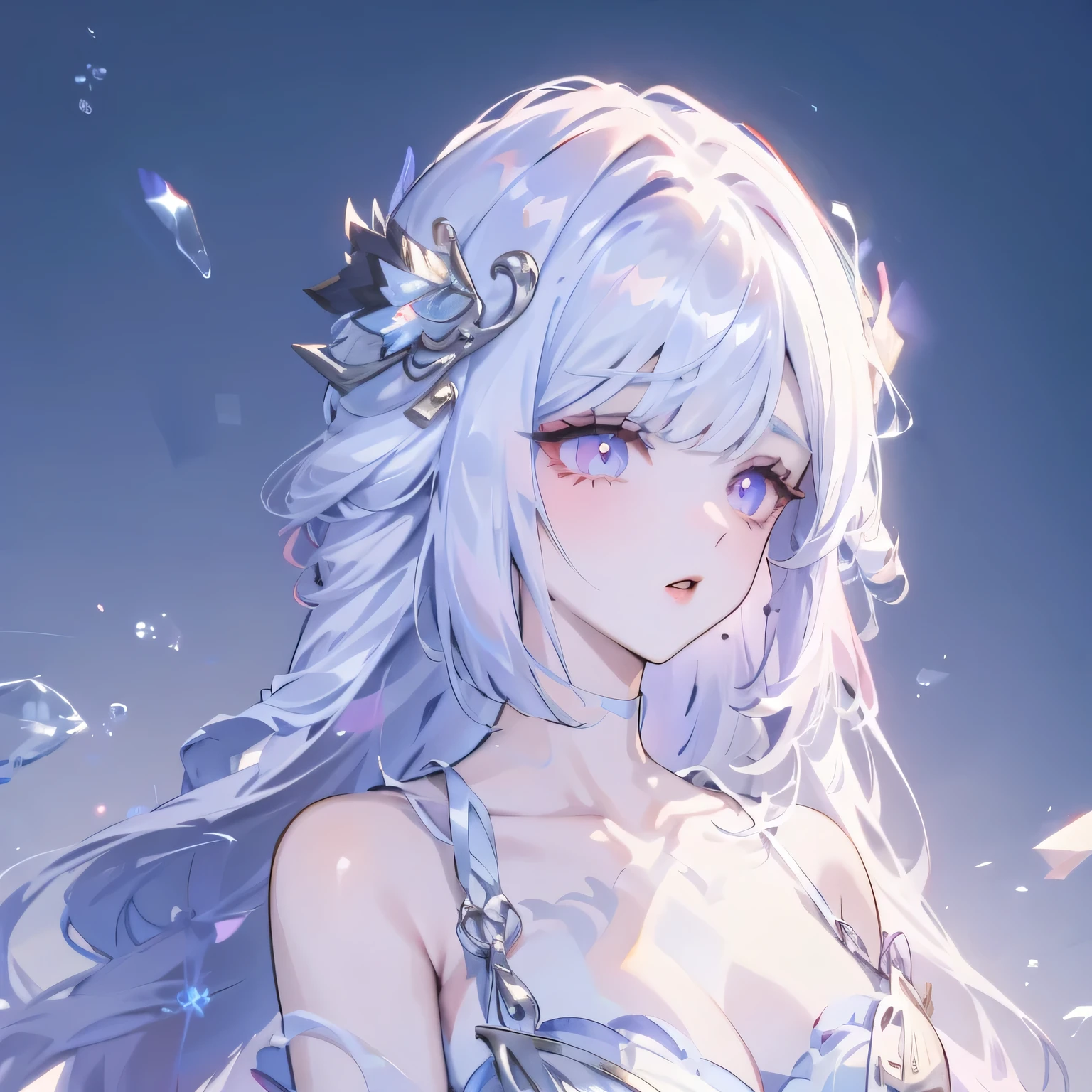Unbeatable beauty, Skin is firm and shiny, There are bangs between the eyes, #1: Shiny Straight and Beautiful Platinum Blonde Hair, Silky Super Long Straight Hair, Eyeliner, Sexy beautiful innocent , HD big big beautiful bright blue eyes, beautiful cute girl, baby face, eve
