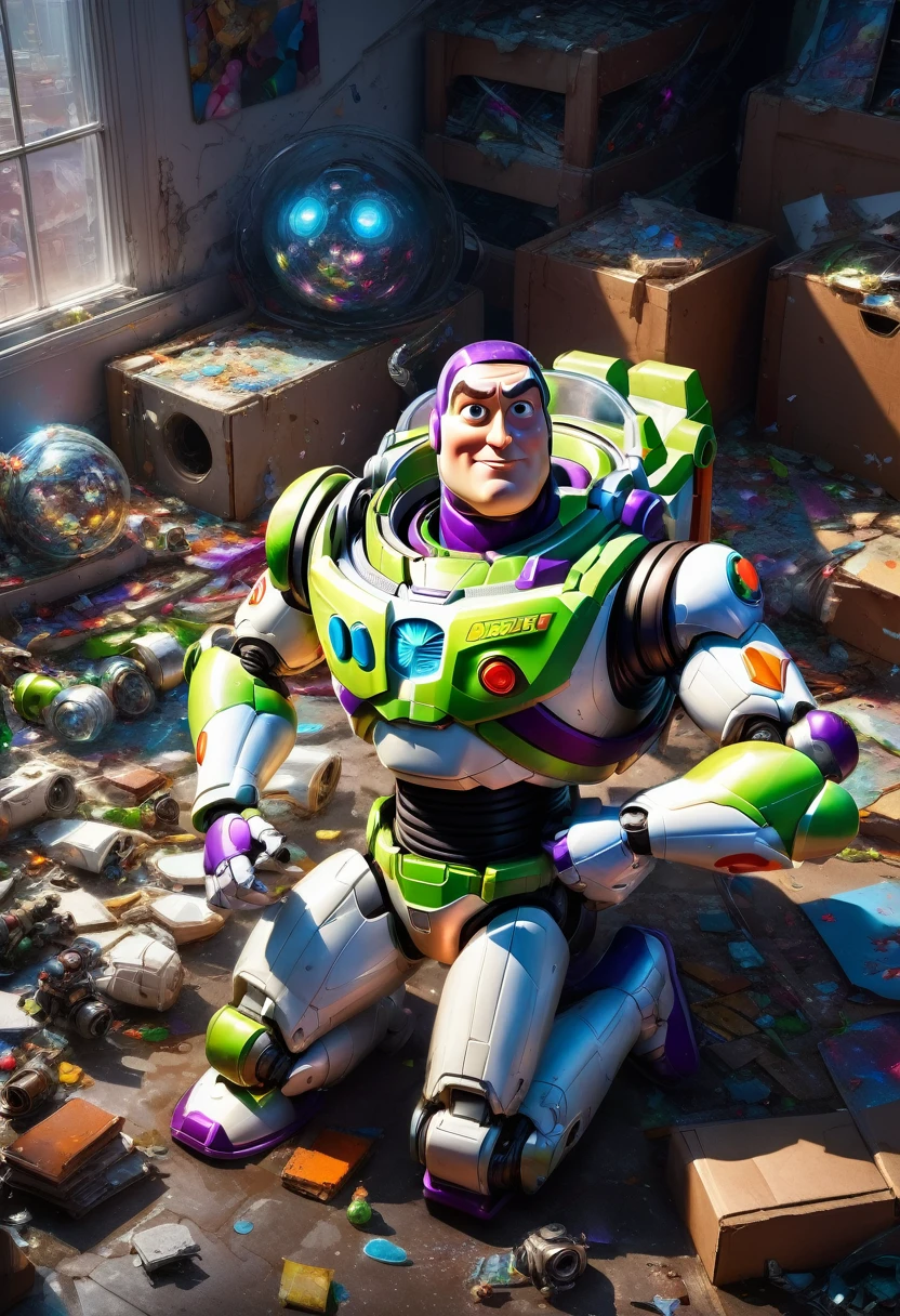 Buzz Lightyear, Buzz Lightyear broken in multiple pieces lies on the floor,view from above,shocked face expression,masterpiece, head and shoulders portrait, 8k resolution concept art portrait by Greg Rutkowski, Artgerm, WLOP, Alphonse Mucha dynamic lighting hyperdetailed intricately detailed Splash art trending on Artstation triadic colors Unreal Engine 5 volumetric lighting