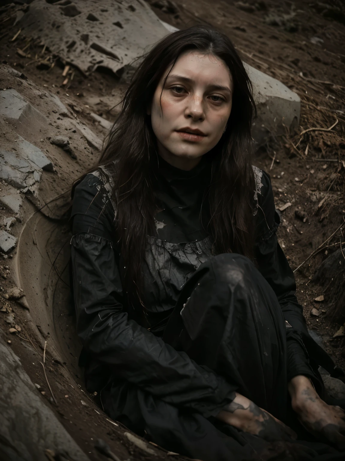 ((Jeremy Lipking style)) ((Nicola Samori style)) woman buried in the ground, very ugly sad woman, ((long black dress)), front, sky, field)), brown wavy long hair, (oil on linen), (photo from nikon d800, 50mm
lens), focus, ((woman with legs buried in the ground))