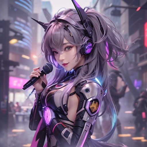 Futuristic space、Hair flow、 ((highest quality、masterpiece、8k、Best image quality、Ultra-high resolution、Award-winning works)、(Accurate anatomy:1.1)、(Look at me and smile:1.1)、Shining fair skin with Ultra-high resolution、The most detailed face、Ultra-high resolution detailed face、Ultra-high resolutionの髪の毛、(Ultra-high resolutionの煌めく瞳:1.1)、Beautiful face drawn in every detail、(Blurred Background:1.1)、Cyberpunk Costume :1.3, Chest to chest, Diva singing microphone、