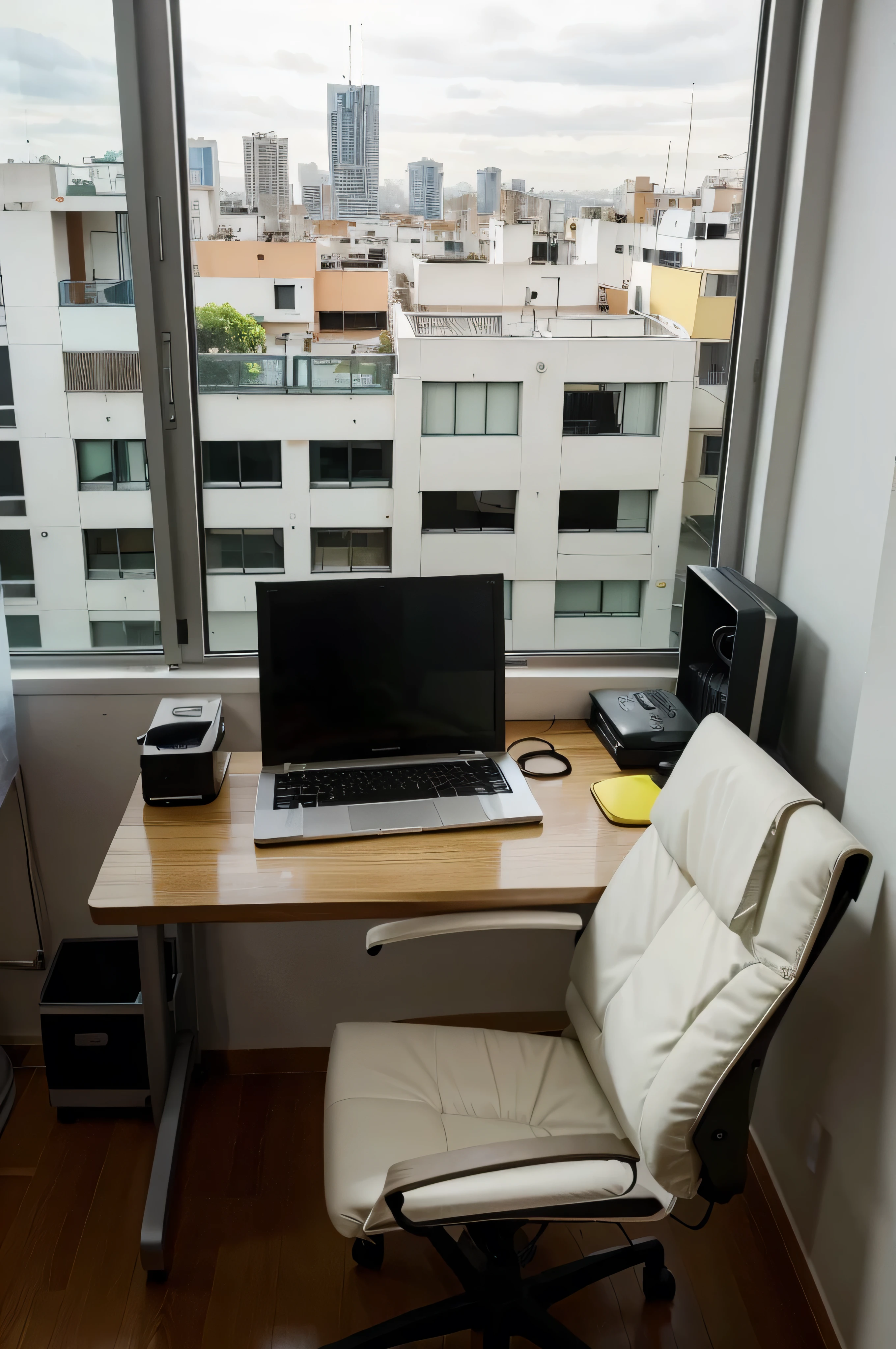 Oficina moderna en casa, person working on laptop, gran pantalla, ergonomic keyboard, comfortable office chair, vista de gran ciudad desde la ventana, modern technological elements, postura confiada y eficiente.
