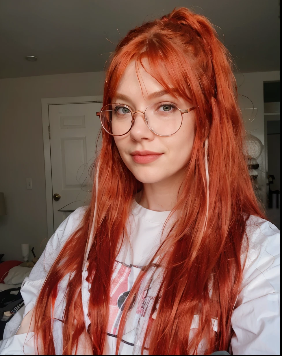 a close up of a woman mit roten Haaren and glasses, long red hair with white streaks, red dyed hair, Red wig, Bela Delfina, leuchtend rotes Haar, red hair and attractive facial features, mit langen roten Haaren, leuchtend rotes Haar, mit roten Haaren, leuchtend rotes Haar, Madison-Bier wie Leeloo, leuchtend rotes und goldenes Haar