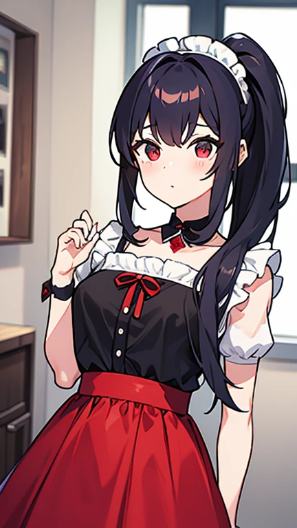 adulto, Cabello negro ondulado, mirada penetrante con ojos profundos de color rojo, estatura promedio, Silky hair with a ponytail hairstyle collected with a red bow with two white lines, tiene pechos grandes, primer plano, session, standing in the middle of his room [[[[Maid]]] , Sonrojada, muslos grandes, maid