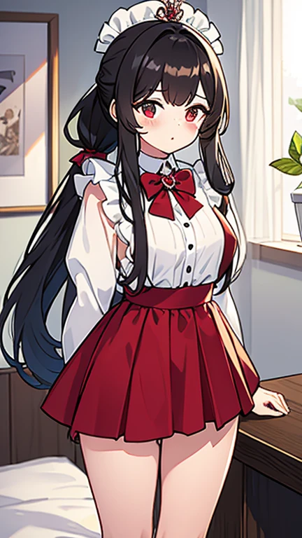 adulto, Cabello negro ondulado, mirada penetrante con ojos profundos de color rojo, estatura promedio, Silky hair with a ponytail hairstyle collected with a red bow with two white lines, tiene pechos grandes, primer plano, session, standing in the middle of his room [[[[Maid]]] , Sonrojada, muslos grandes, maid