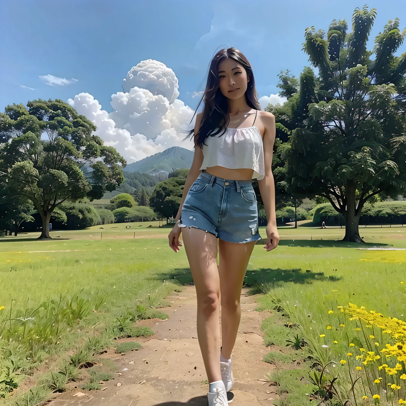 Taiwanese beauty，Big meadow，walk，sunny，Sexy