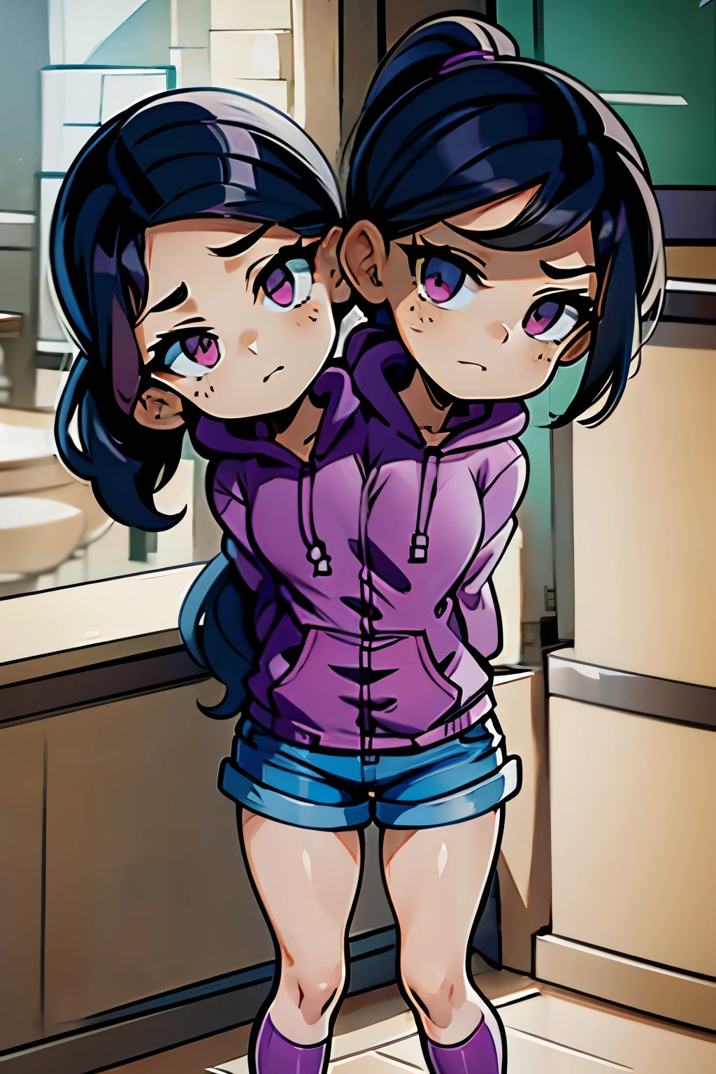 conjoined, 2heads, girl with two heads instead of one, 2head, cuerpo curvilineo, brazos curvilineos, usando shorts, ropa abrigada, piernas curvilineas, anime cartoon, using a purple hoodie, each head has a ponytail, anatomia proporcionada ideal para una persona de dos cabezas
