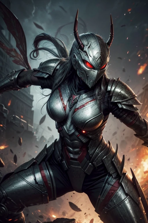 A warrior being is fighting in the
battlefield ,extreme aggression, insectoid, swarming,powerful warrior, predatorial eyes,violent frame,female, sweet, three quarter wiew, digital art