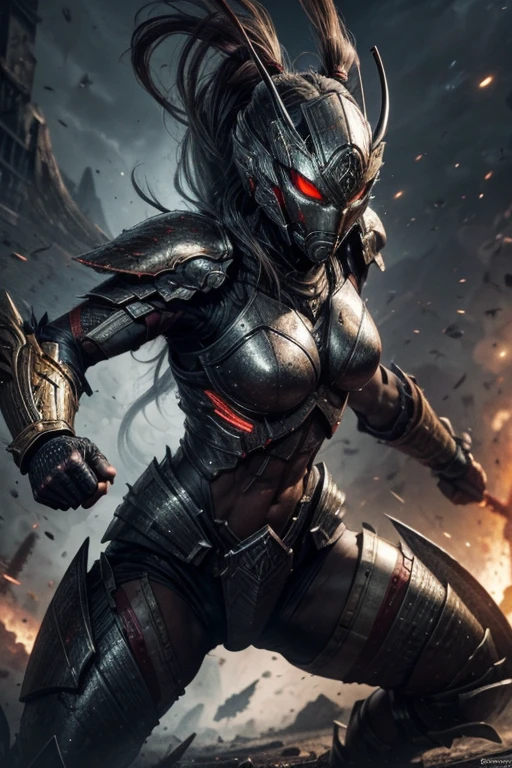 A warrior being is fighting in the
battlefield ,extreme aggression, insectoid, swarming,powerful warrior, predatorial eyes,violent frame,female, sweet, three quarter wiew, digital art