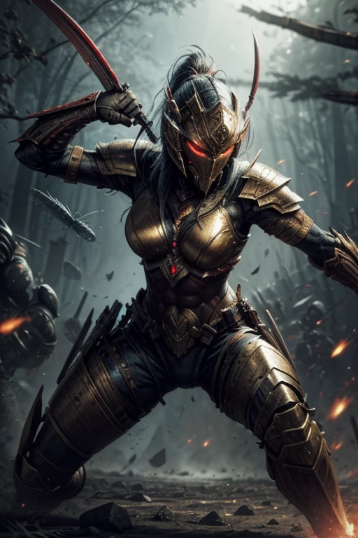 A warrior being is fighting in the
battlefield ,extreme aggression, insectoid, swarming,powerful warrior, predatorial eyes,violent frame,female, sweet, three quarter wiew, digital art