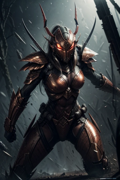 A warrior being is fighting in the
battlefield ,extreme aggression, insectoid, swarming,powerful warrior, predatorial eyes,violent frame,female, sweet, three quarter wiew, digital art