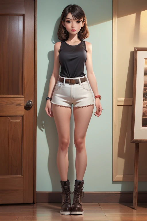 ((full-body shot)),16k cg wallpaper, 16K Ultra HD, 8k CG Wallpaper, 8K Ultra HD, photo),((best quality, Maximum resolution, Award winning portrait, Official Art)), ((Perfect masterpiece)), ((Practical)) ultra hd photography, Very detailed, Beautiful face woman, Brunette,((A precision watch on your wrist)), (Roll up your sleeves:1.5),White sleeveless T-shirt,sports Shorts, belt,Ankle boots,Long legs, Navel exposed, darkroom, Nice warm colors, from head to foot, full-body shot, Clean your hands, Perfect fingers, Medium bust, Curvy body, View your audience