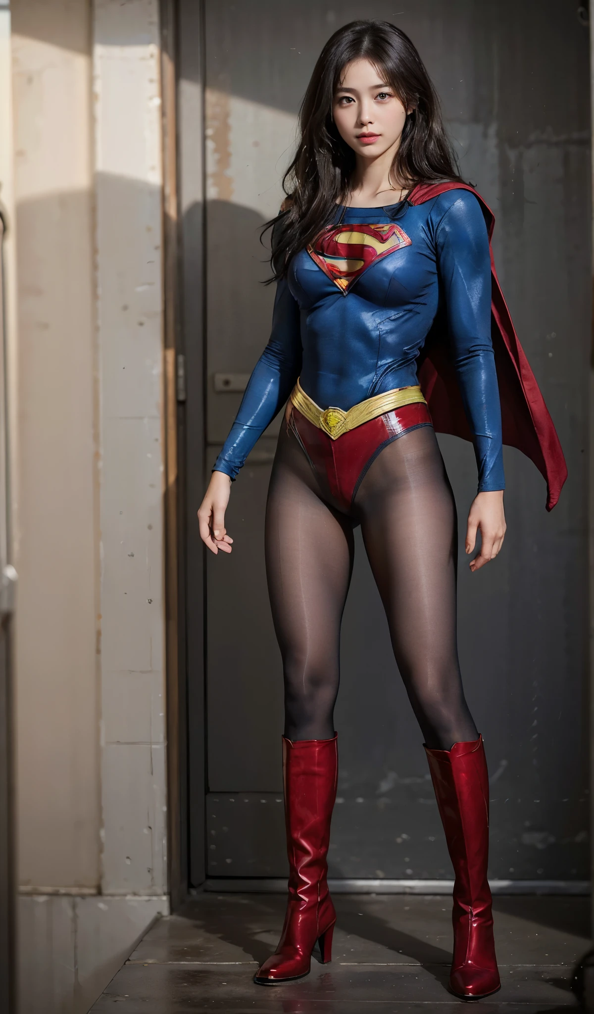 No background、(((Beautiful legs in black tights.)))、(((Legally express the beauty of your smile)))、((((Make the most of your original images)))、(((Body-hugging Supergirl costume)))、(((Supergirl Costume)))、(((Beautiful short hair)))、(((She is winking cutely.)))、(((Please wear black tights....、Wear red boots)))、((Best image quality、8k))、((highest quality、8k、masterpiece:1.3))、(((Preserve background )))、Sharp focus:1.2、Beautiful woman with perfect figure:1.4、Slim Abs:1.2、Wet body:1.5、Highly detailed face and skin texture、8k