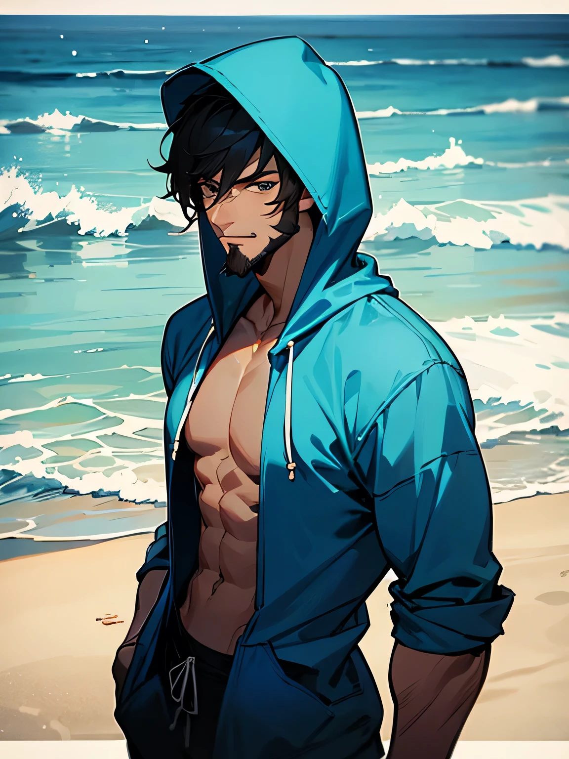 solo, male, upperbody, cap, hooded, dark skin, beard, cerulean blue hoodie, male eyes, male nose, male mouth, muscle:0.6, sea, beach