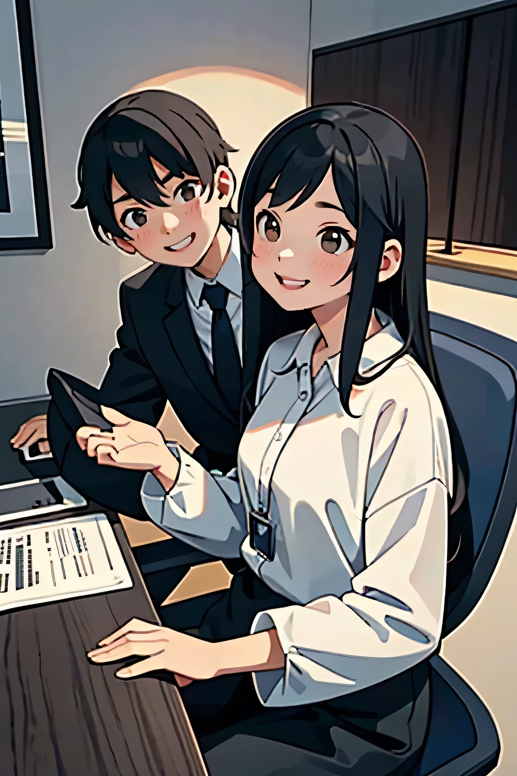 The male protagonist is talking to a woman with long black hair dressed in business attire., The woman is smiling.、Photography is fun, 5 Luxury Offices